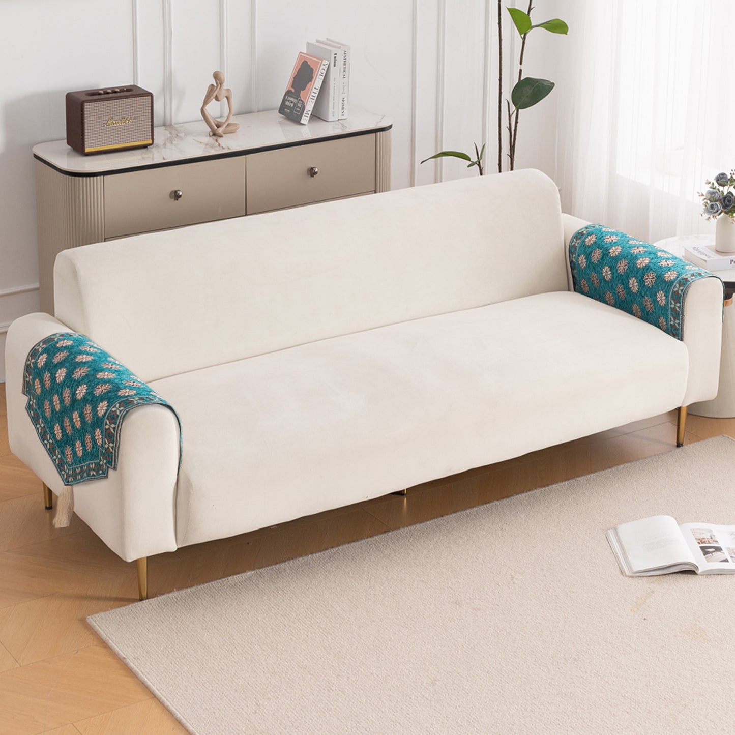 Heritage Weave Premium Jacquard Sofa Cover Set with Tassels - Emerald Teal