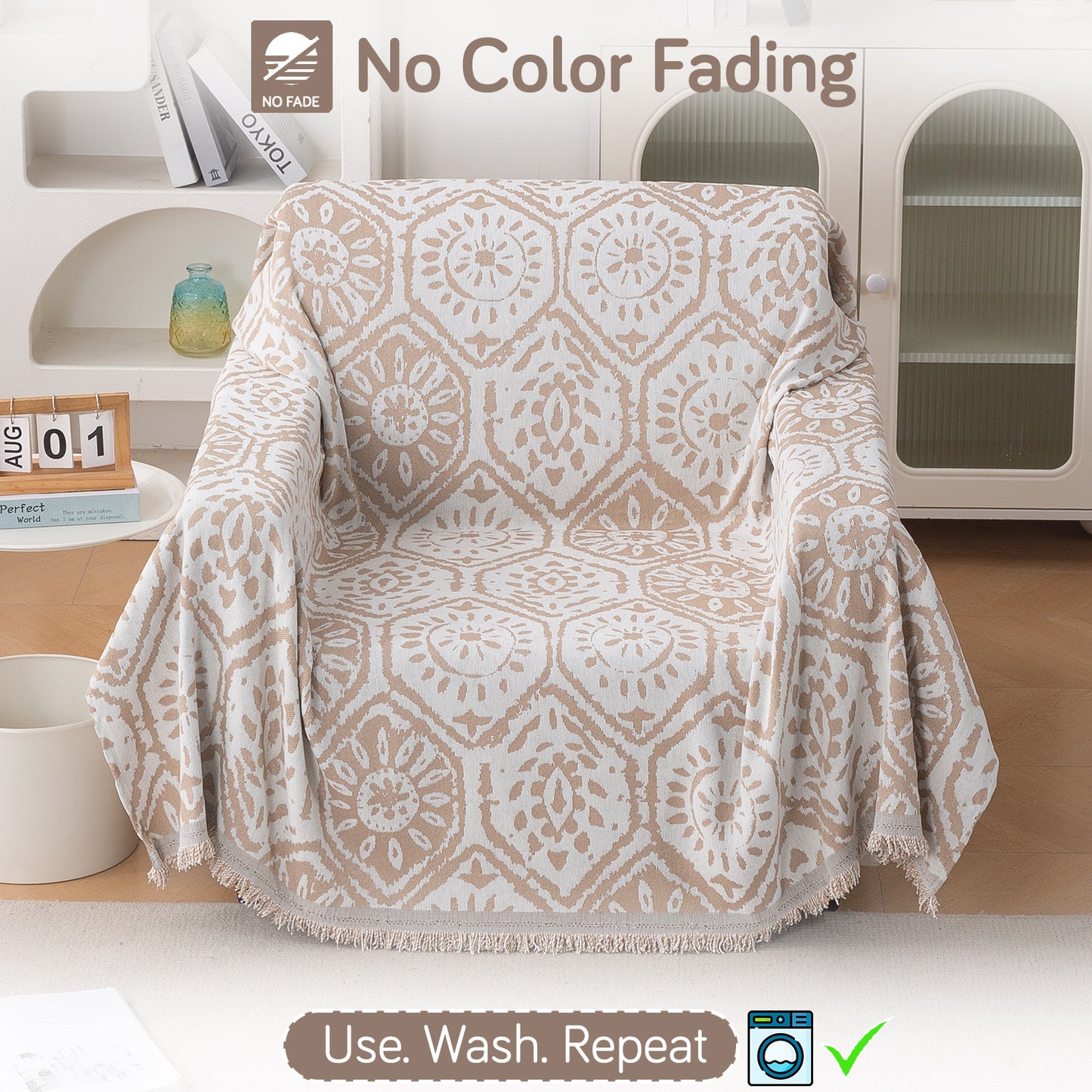 Premium 320 GSM Chenille Sofa Cover Throw All Season 'Serene Abode Series', Boho Floral Tile