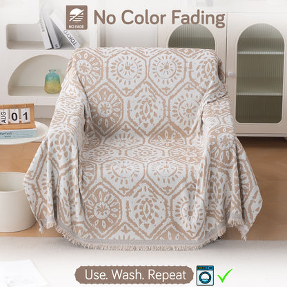 Premium 320 GSM Chenille Sofa Cover Throw All Season 'Serene Abode Series', Boho Floral Tile