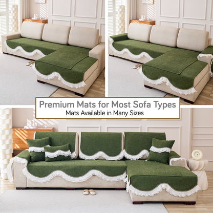 French Classic Frill Wavy Sofa Cover Mat, Dark Olive Green