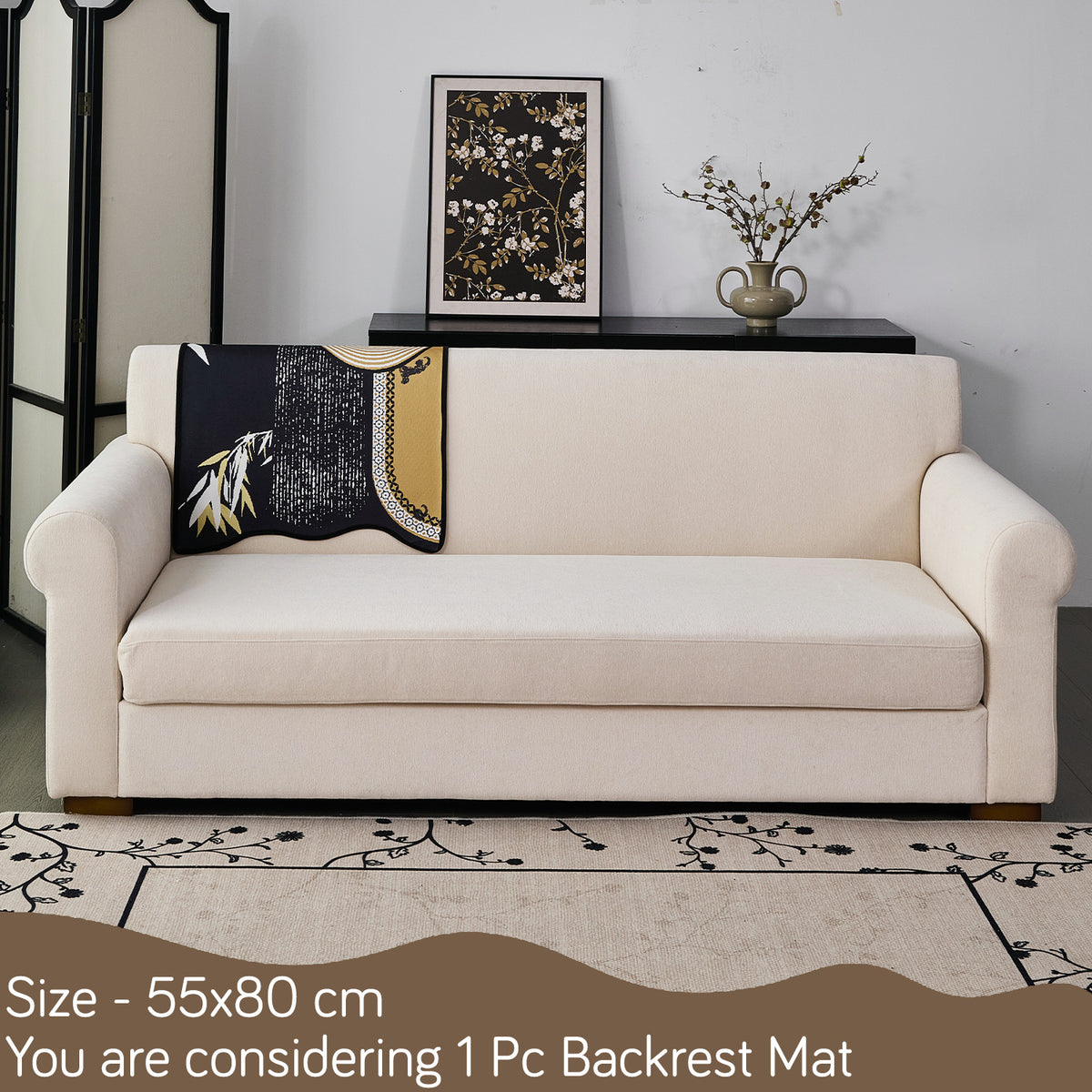 Arcea Chenille With Curved Edges Sofa Cover Mat, Mustard Gold Tribal