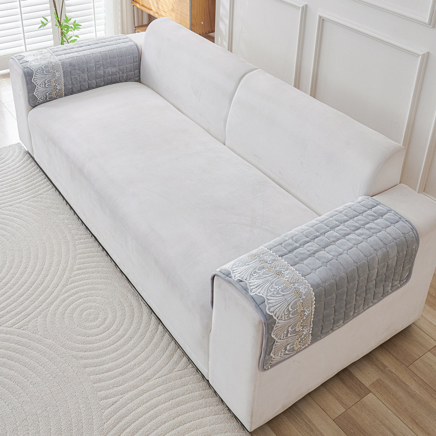 BelleLace Series Imperial Milk Velvet Sofa Cover Mat with Lace Design - Cloud Grey