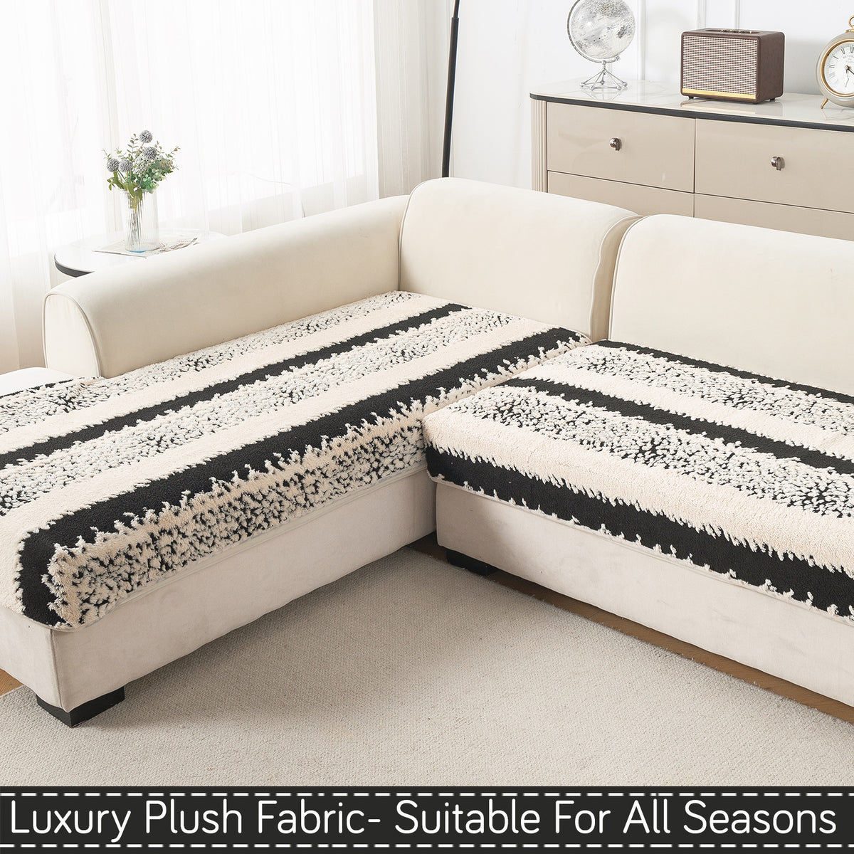 Luxury Plush Sherpa Anti Slip Combination Sofa Mat, 'Noirea Series'|Textured Stripe