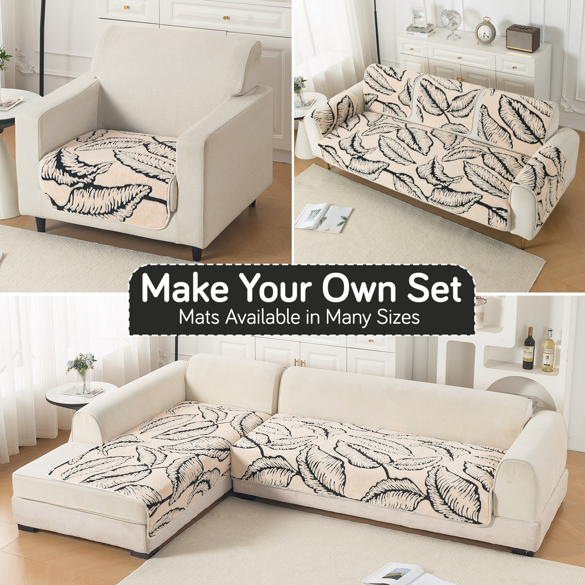 Luxury Plush Sherpa Anti-Slip Sofa Cover Mat, 'Noirea Series'| Botanical Leaf