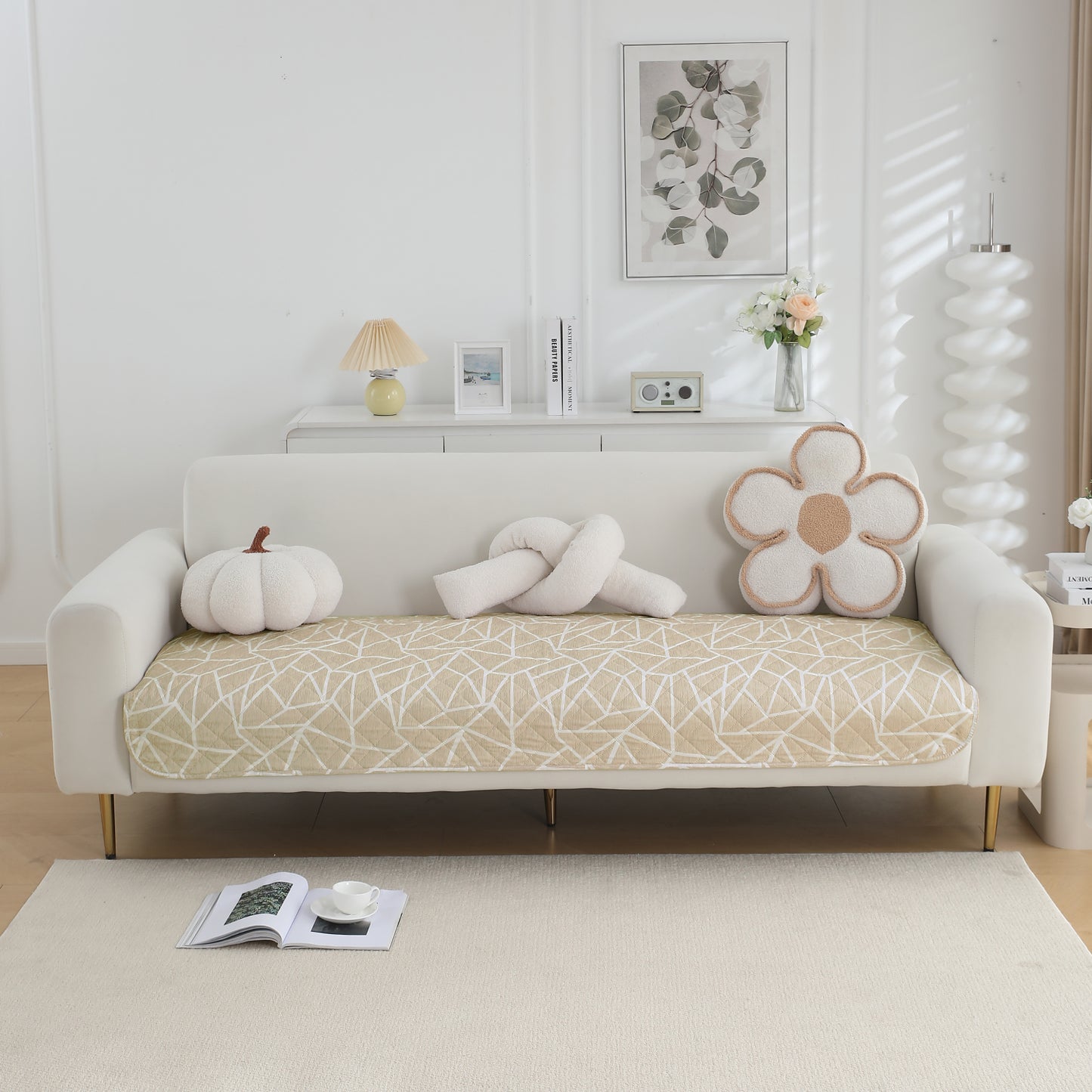HOKIPO Water Repellent + Waterproof Quilted Sofa Mats, Beige Abstract Geometry