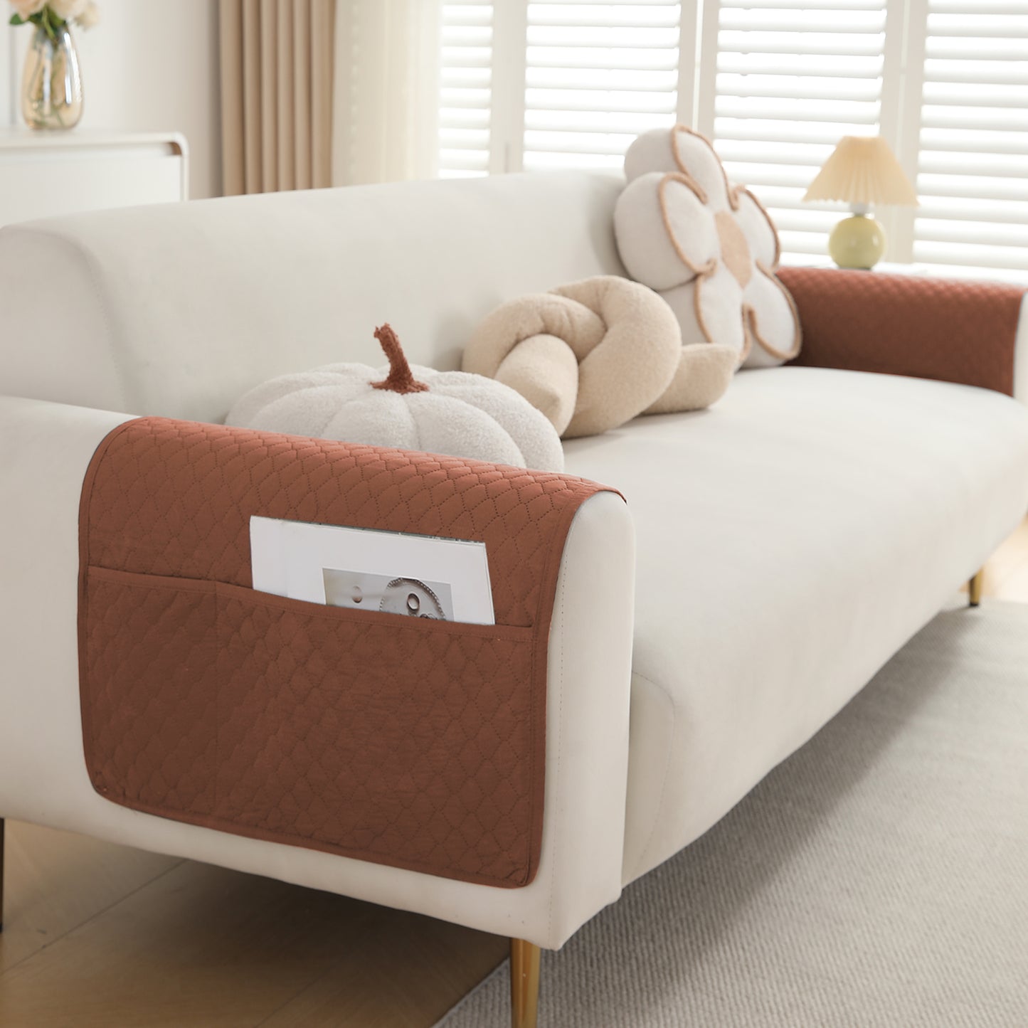 2 Pcs Quilted Sofa Armrest Cover, Brown