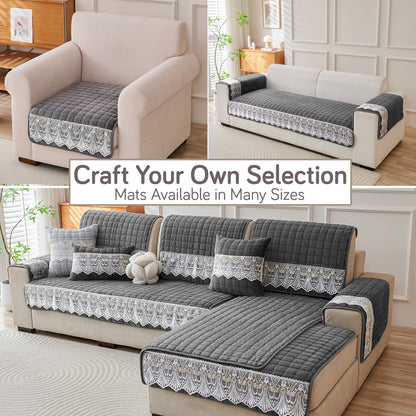BelleLace Series Imperial Milk Velvet Sofa Cover Mat with Lace Design - Porpoise Grey