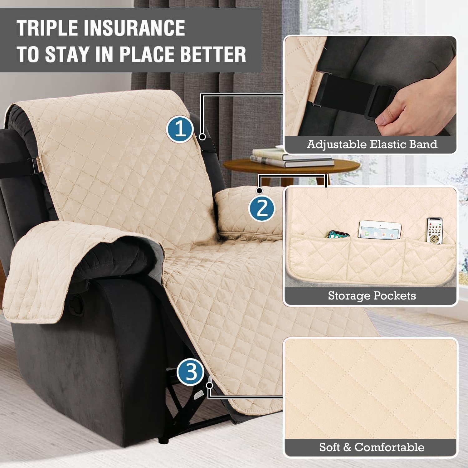 Waterproof Quilted Recliner Sofa Mat for One Seater Recliner Sofa, Cream