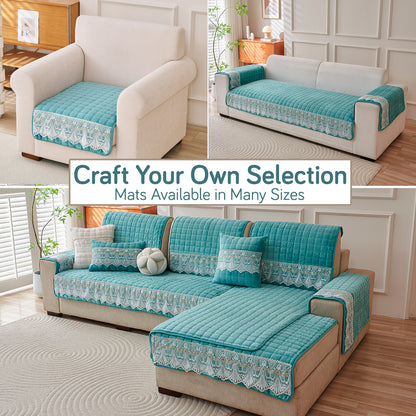 BelleLace Series Imperial Milk Velvet Sofa Cover Mat with Lace Design - Teal