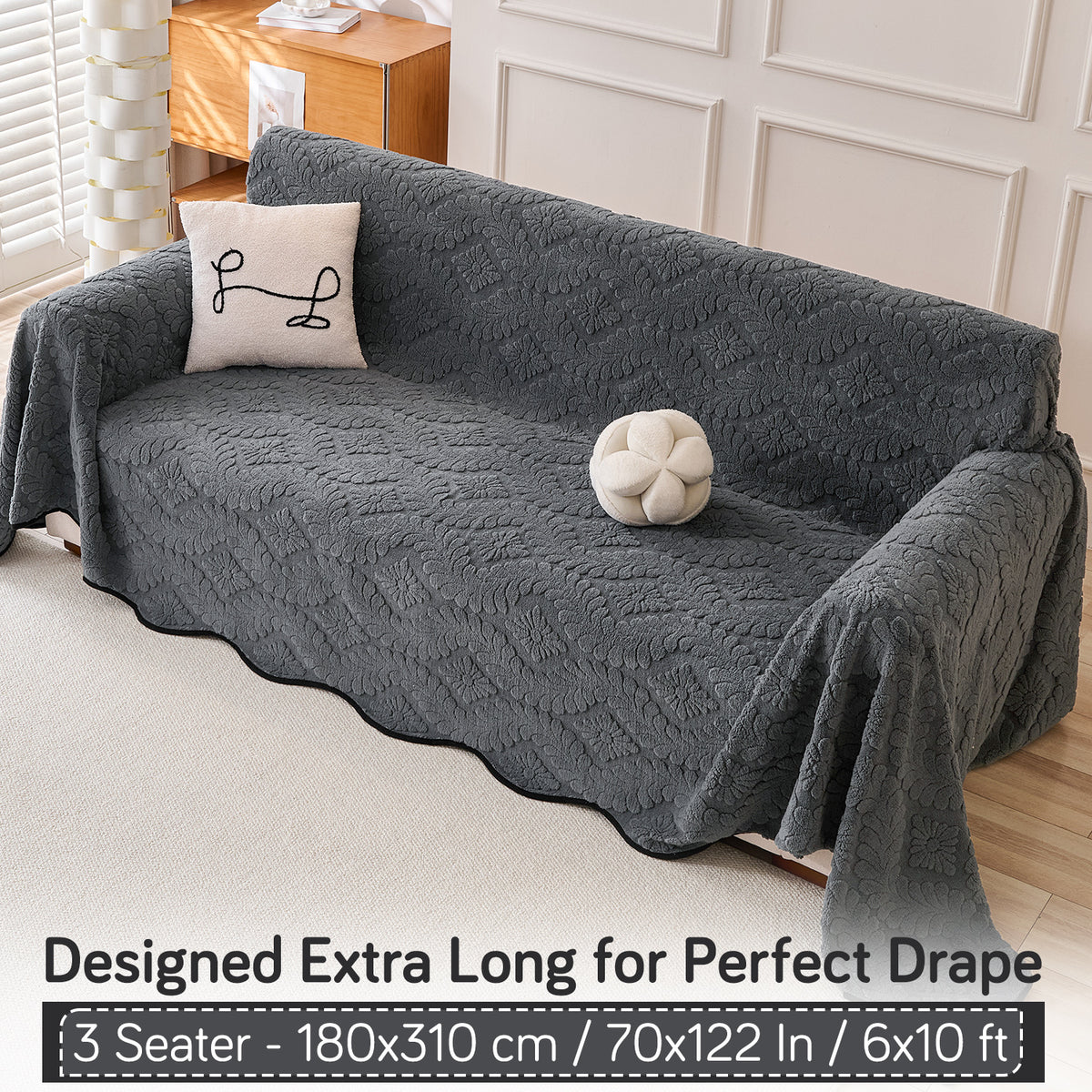 Buy Charcoal Grey Colour Wavy Petal Crest Series Plush Sofa Throw – 3 Seater Sofas | HOKIPO