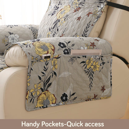 Quilted Printed Recliner Mats for 1 Seater Recliner Sofa, Floral Ash Grey
