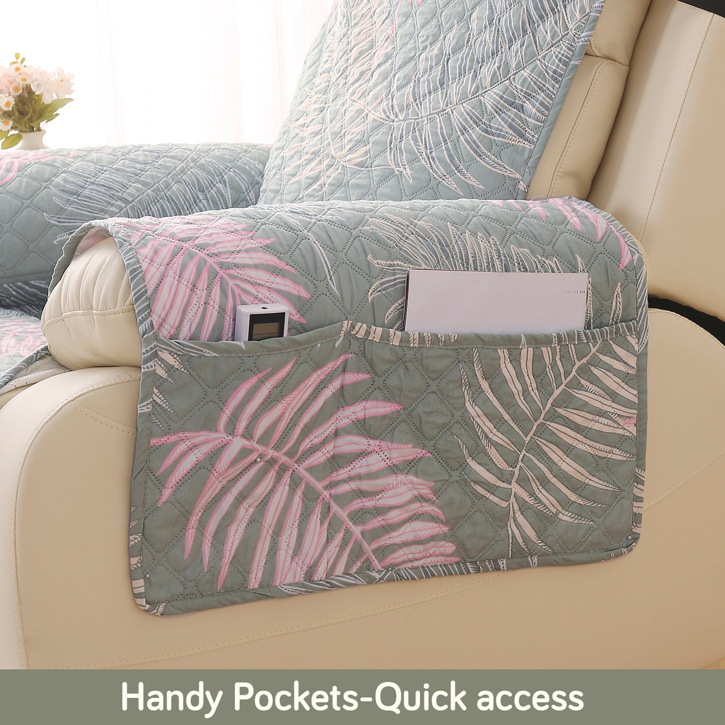 Quilted Printed Recliner Mats for 1 Seater Recliner Sofa, Tropical Leaves Pastel