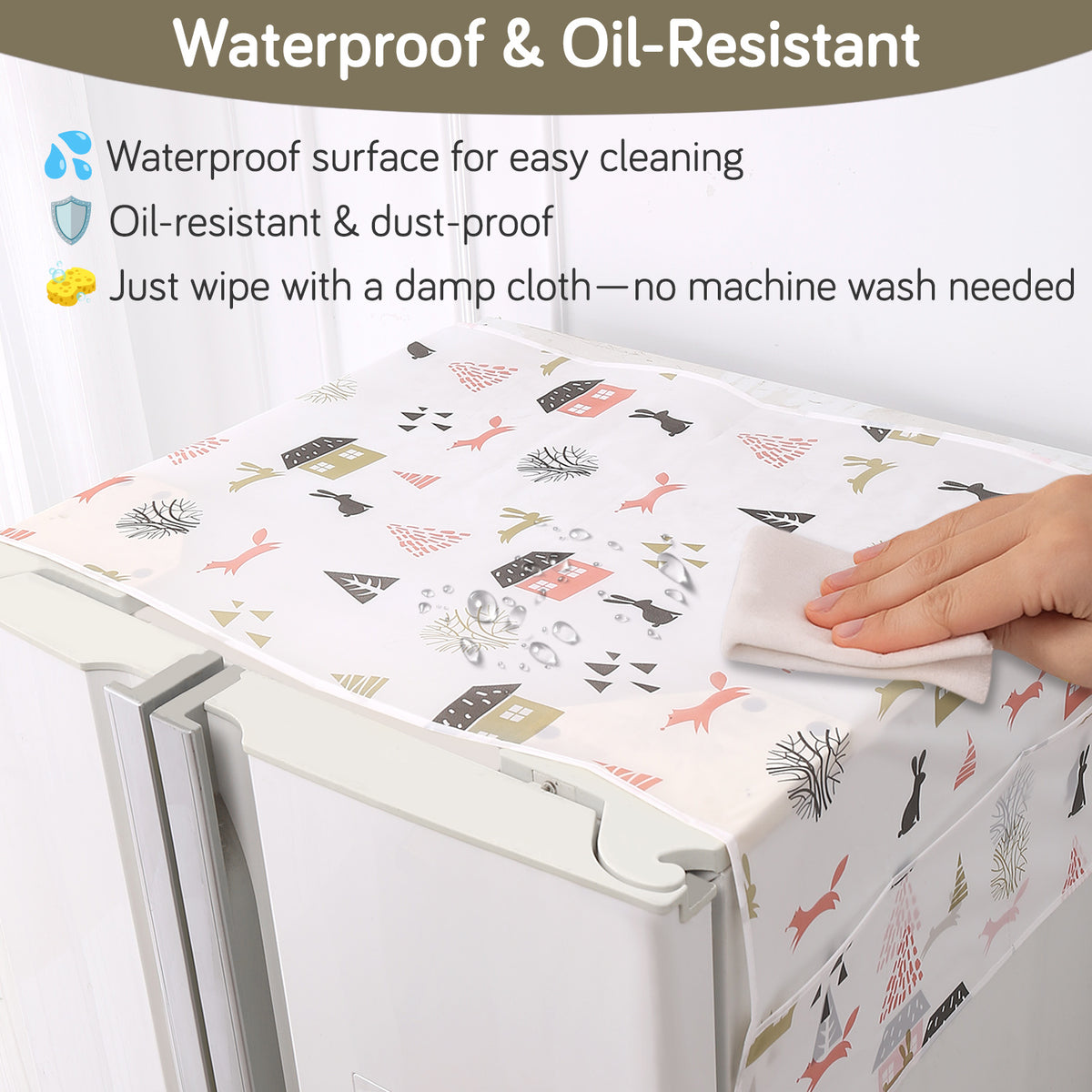 Small / Large Fridge Cover Top | For Smaller Single Door, Double Door and Bigger Double Door Refrigerator - Waterproof, Printed with 6 Side Pockets, Woodland Village