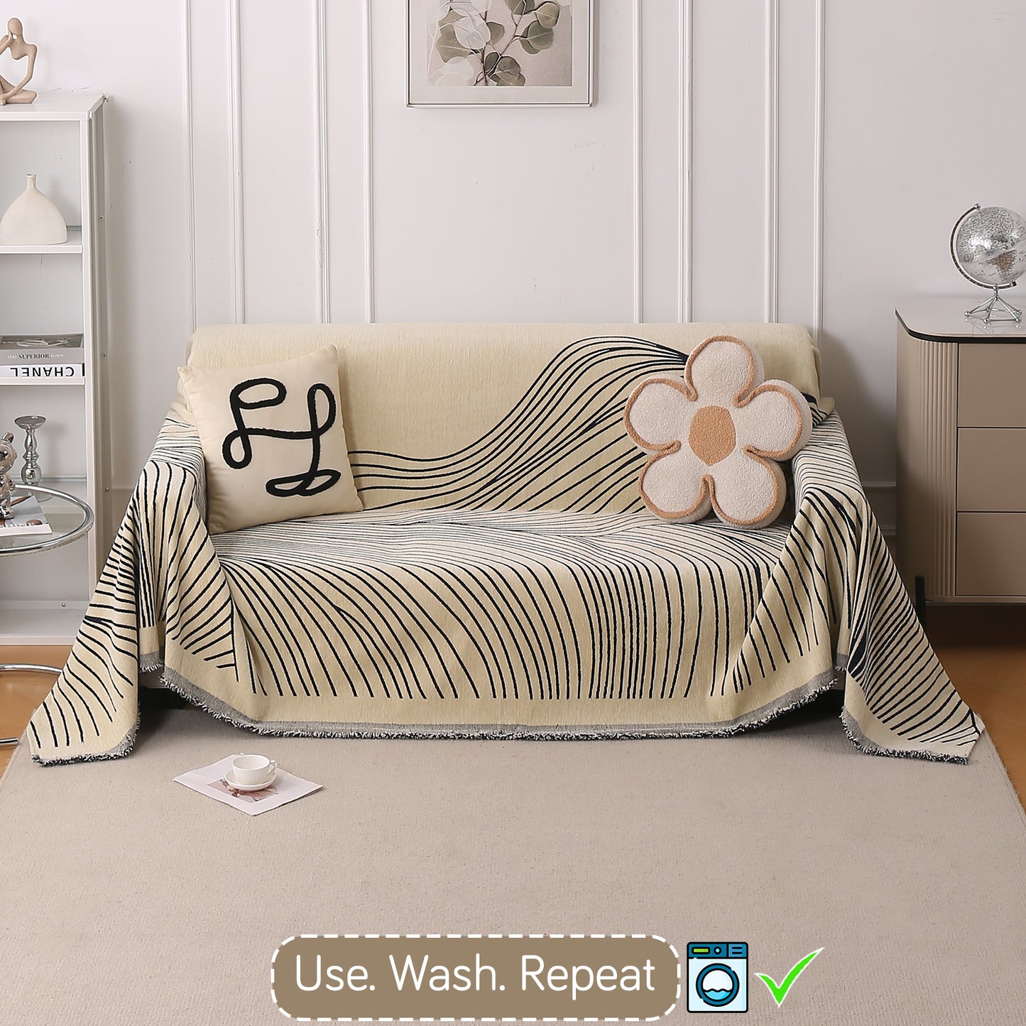 WaveLoom Collection Printed Chenille Sofa Cover Throw, Navy Blue