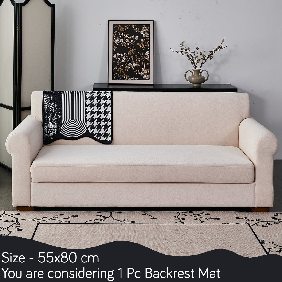 Arcea Chenille With Curved Edges Sofa Cover Mat, White Houndstooth