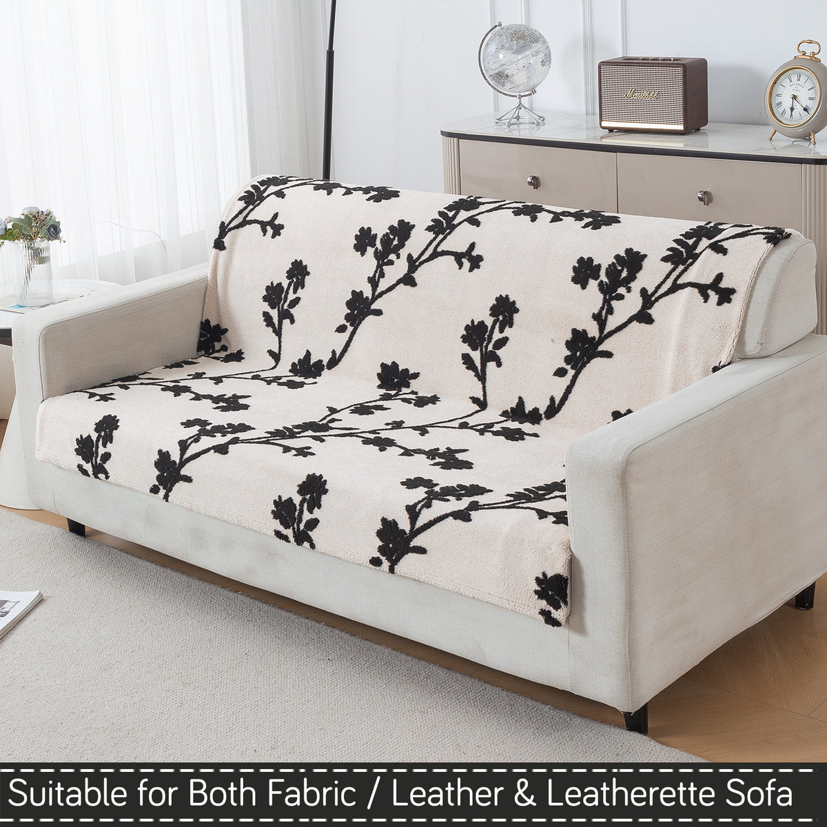 'Noirea Series' Plush Sofa Cover for Seat & Back, Botanical Vine