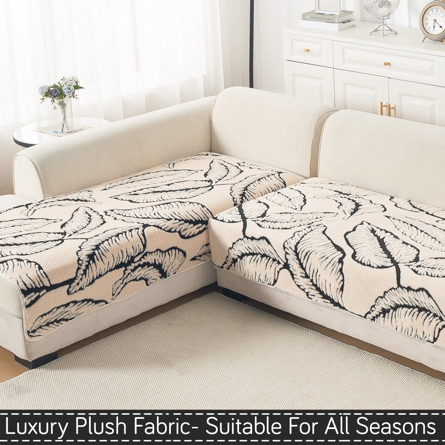 Luxury Plush Sherpa Anti Slip L Shape & Combination Sofa Mat, 'Noirea Series'|Botanical Leaf