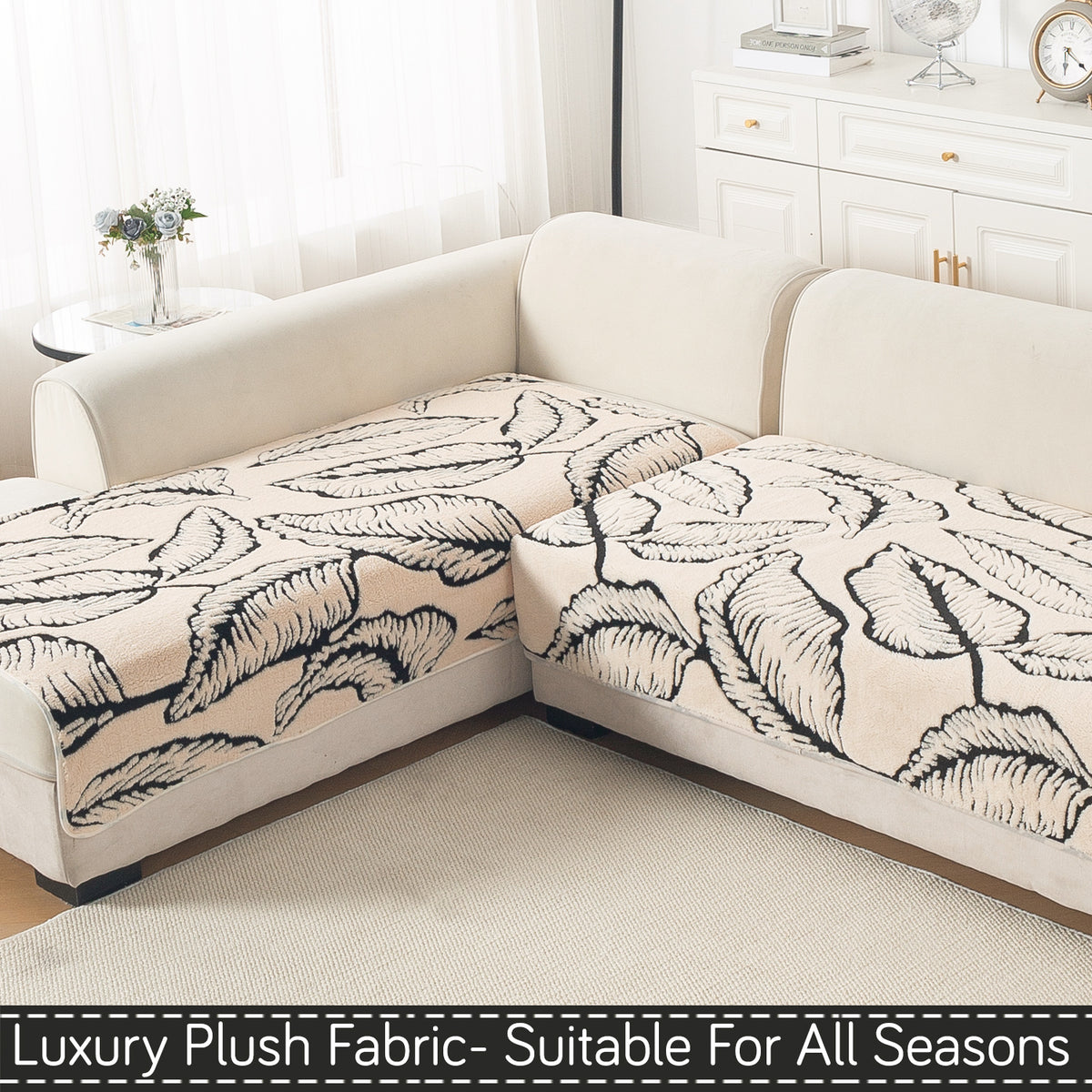 Luxury Plush Sherpa Anti Slip Combination Sofa Mat, 'Noirea Series'|Botanical Leaf