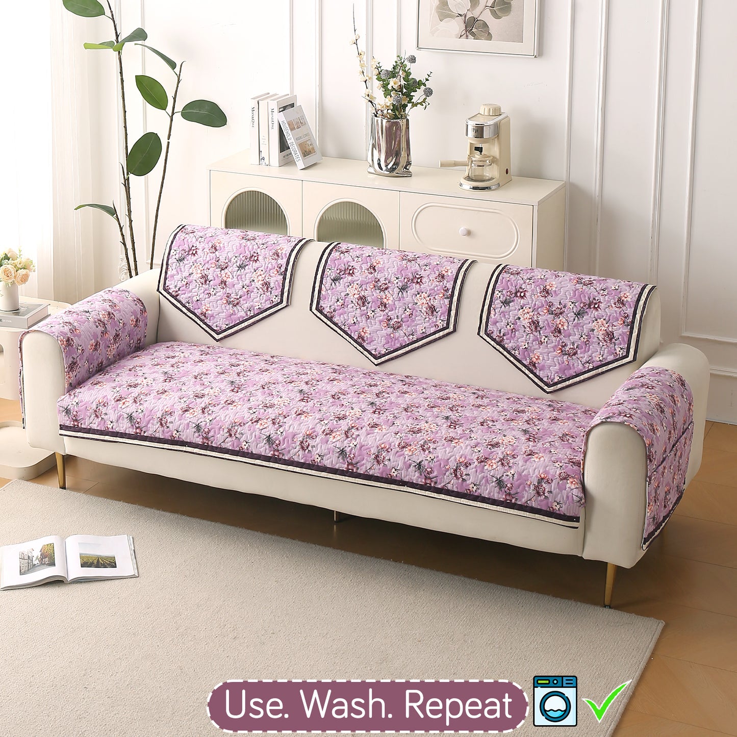 Florentina Series Printed Holland Velvet Sofa Mat - Peony Lavender