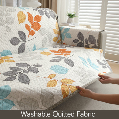 HomeHues Series Quilted Sofa Cover with Secure Fit Belt for L Shape sofa, Multicolor Leaves