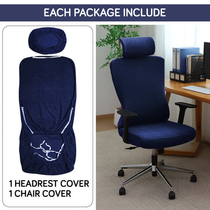 Office Chair Cover with Headrest (High-Back) – 170 GSM Stretch Jacquard – Washable, Anti-Slip Fit for Ergonomic Mesh Office Chairs, Navy Blue