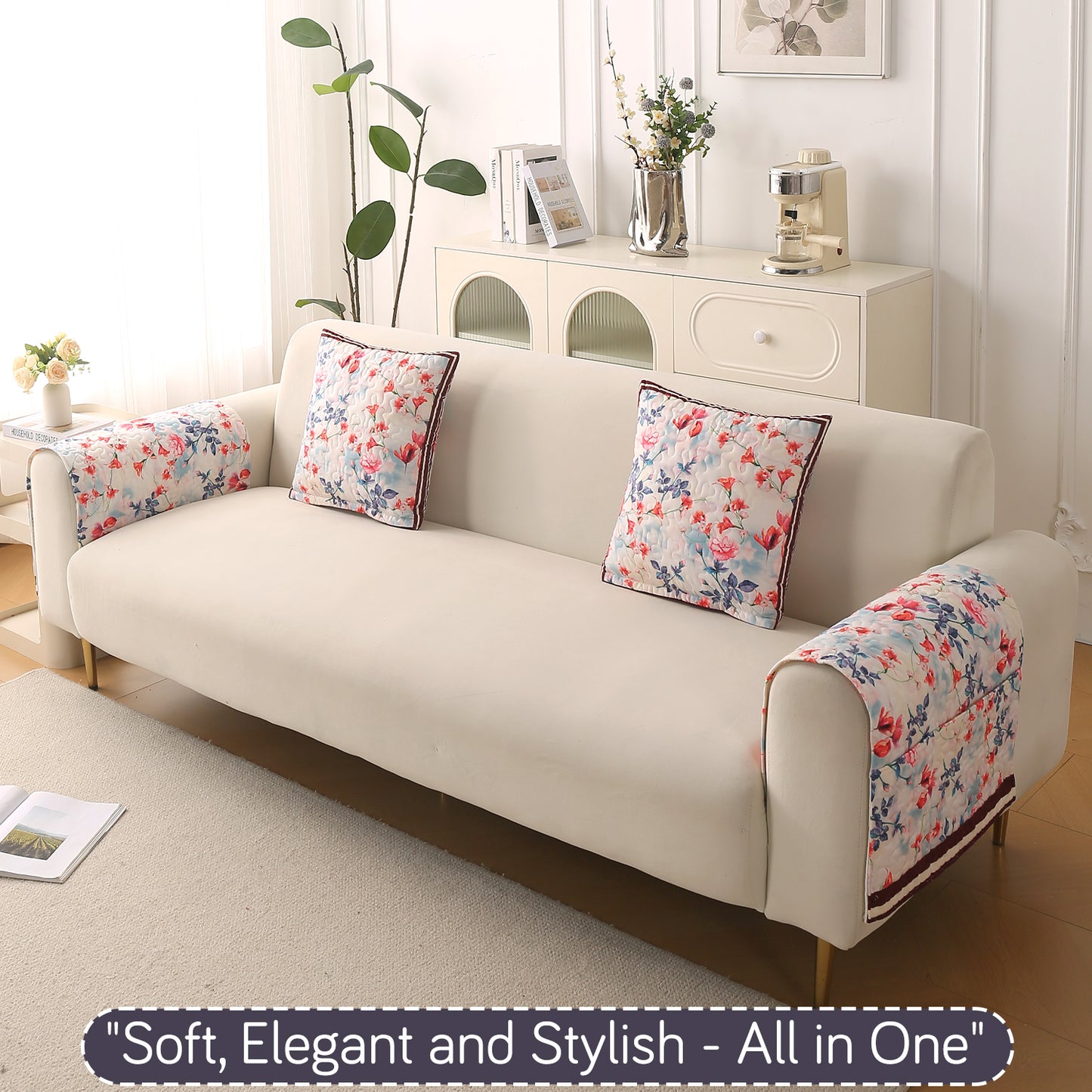 Florentina Series Printed Holland Velvet Sofa Mat - Scarlet Rose Ivory