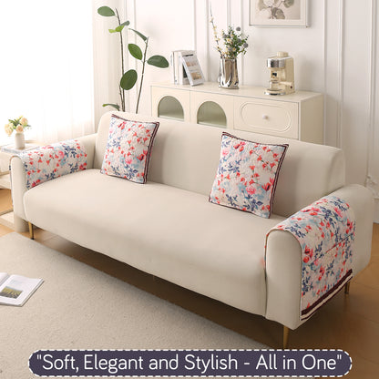 Florentina Series Printed Holland Velvet Sofa Mat - Scarlet Rose Ivory