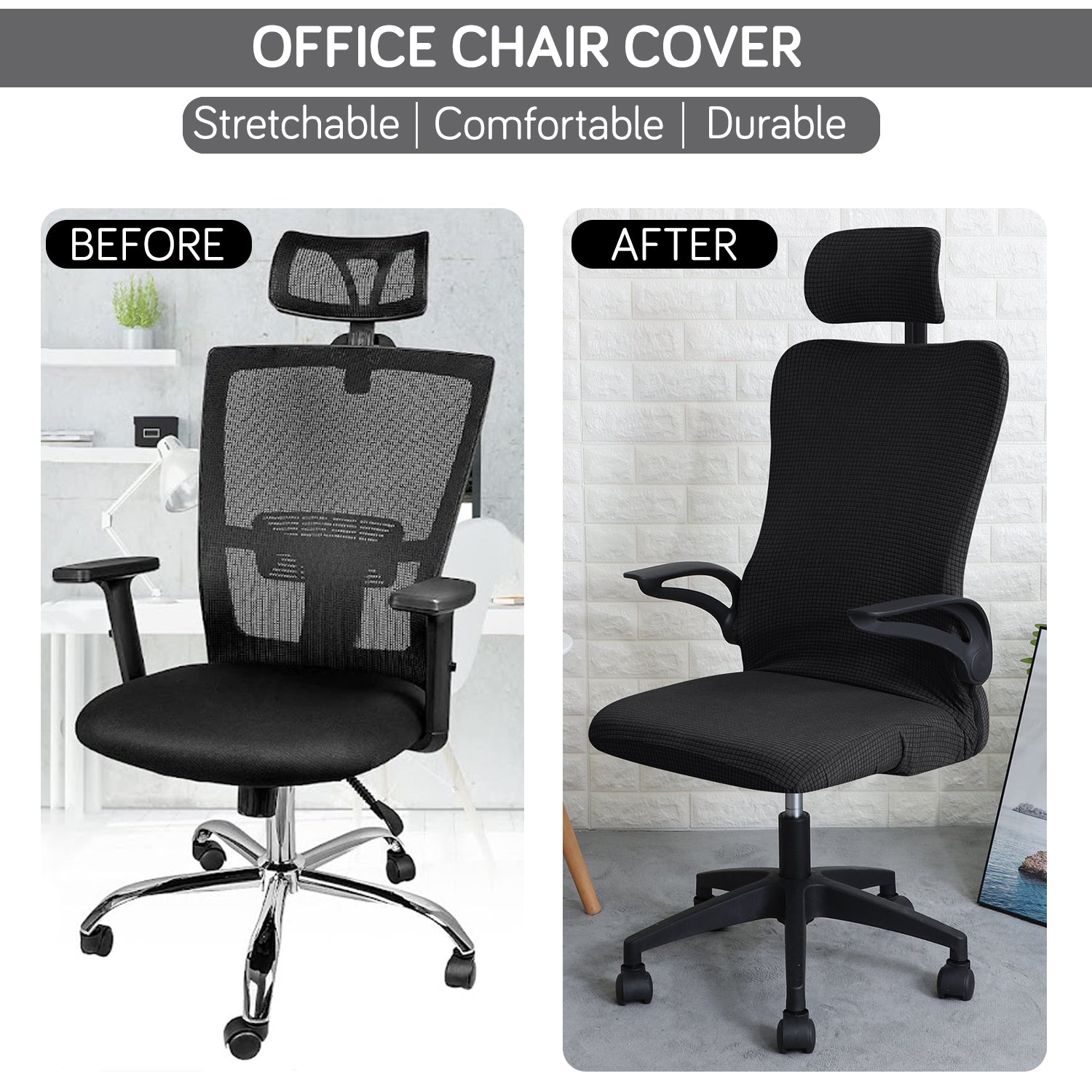 Stretchable Jacquard  Office Boss Chair Seat Chair Cover with Headrest Cover for Computer Desk Chair, Black