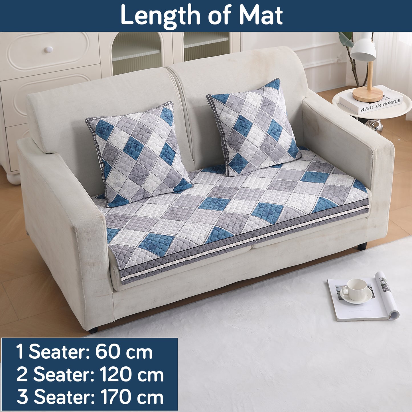 LiefNest Printed Holland Velvet Sofa Mat with Foam Filling - Diamond Slate Grey Blue for 1/2/3 Seater & Armrest