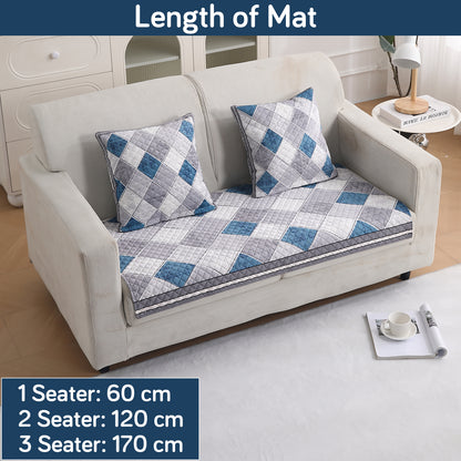 LiefNest Printed Holland Velvet Sofa Mat with Foam Filling - Diamond Slate Grey Blue for 1/2/3 Seater & Armrest