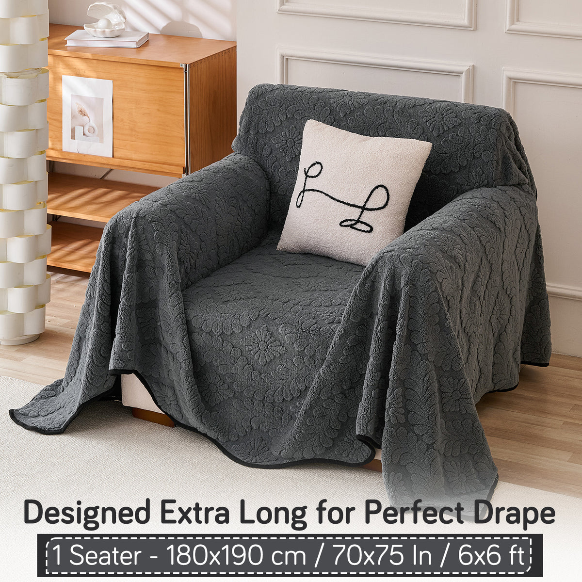 Buy Charcoal Grey Colour Wavy Petal Crest Series Plush Sofa Throw – 1 Seater Sofas | HOKIPO