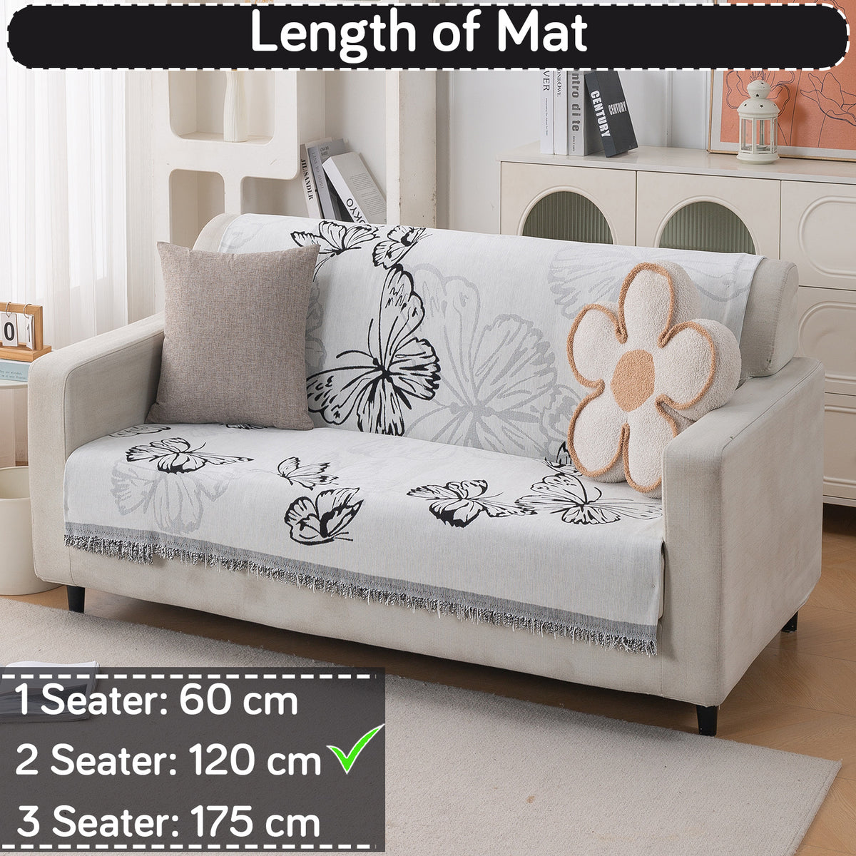 Premium 320 GSM Chenille Sofa Cover 'Serene Abode Series', Monochrome Butterfly