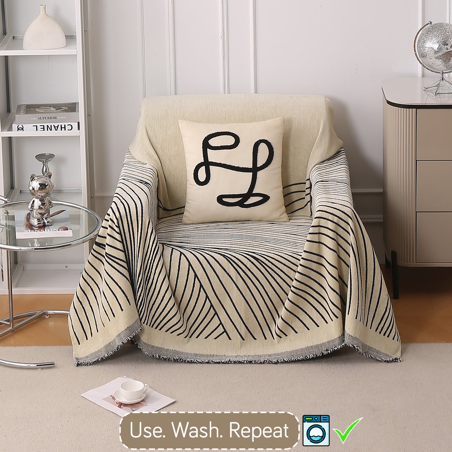 WaveLoom Collection Printed Chenille Sofa Cover Throw, Navy Blue