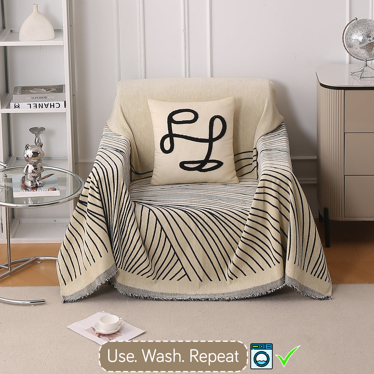 Buy Navy Blue Colour WaveLoom Chenille 1 Seater Sofa Throw | HOKIPO