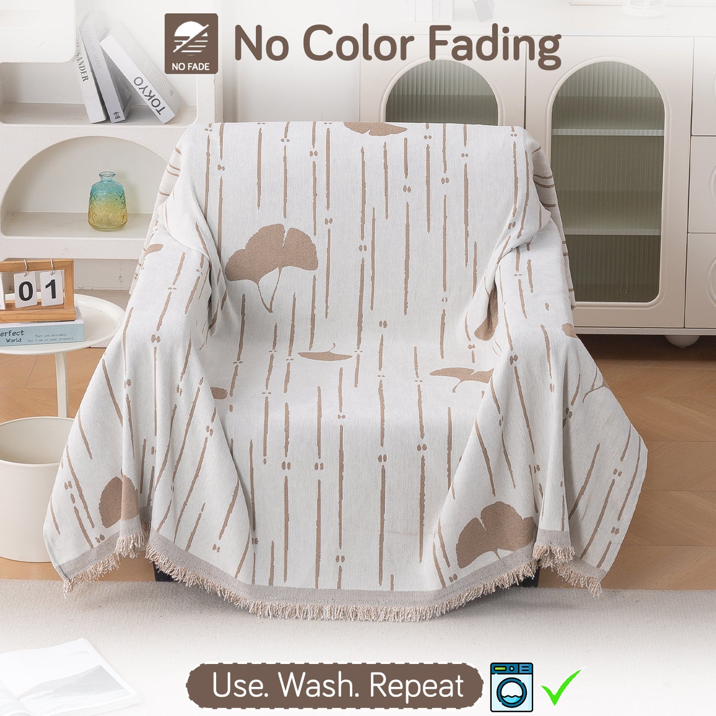 Premium 320 GSM Chenille Sofa Cover Throw All Season 'Serene Abode Series', Beige Ginkgo Lines