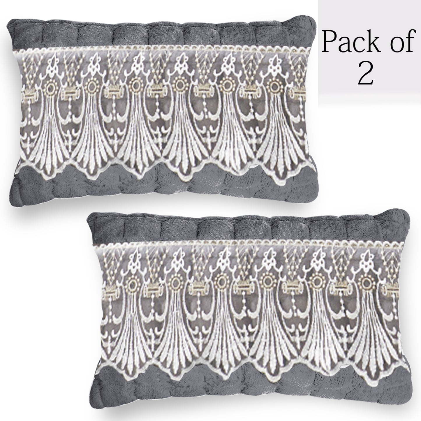Premium Milk Velvet Sofa Cushion Cover with Lace Design, Porpoise Grey