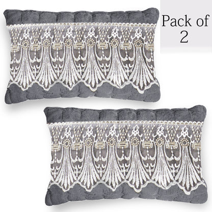 Premium Milk Velvet Sofa Cushion Cover with Lace Design, Porpoise Grey