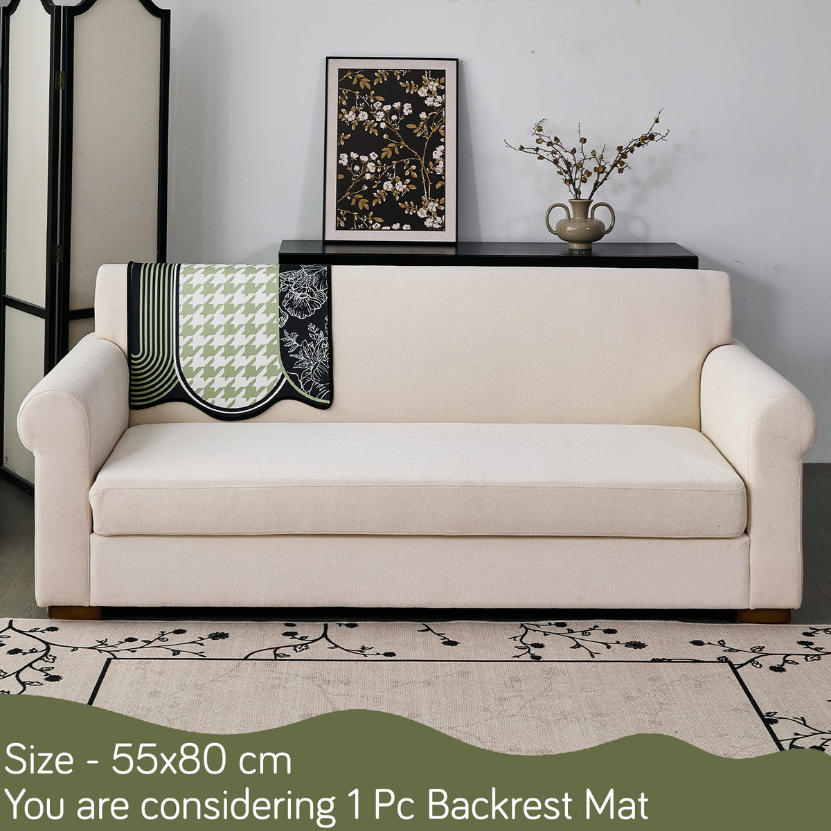 Arcea Chenille With Curved Edges Sofa Cover Mat, Sage Curve