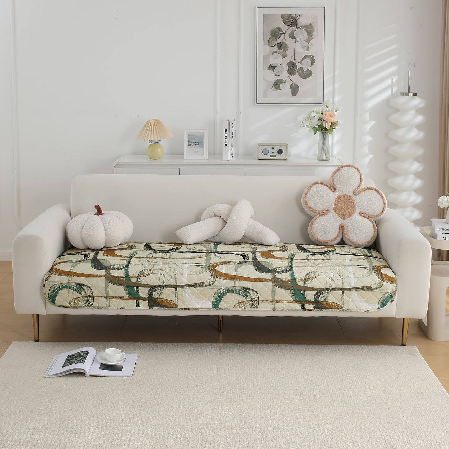 HOKIPO Water Repellent + Waterproof Quilted Sofa Mats, Parchement Beige Abstract Art