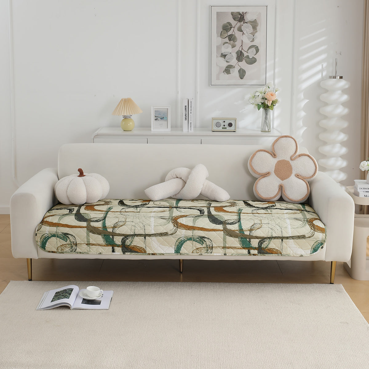 Water Repellent + Waterproof Quilted Sofa Mats, Parchement Beige Abstract Art