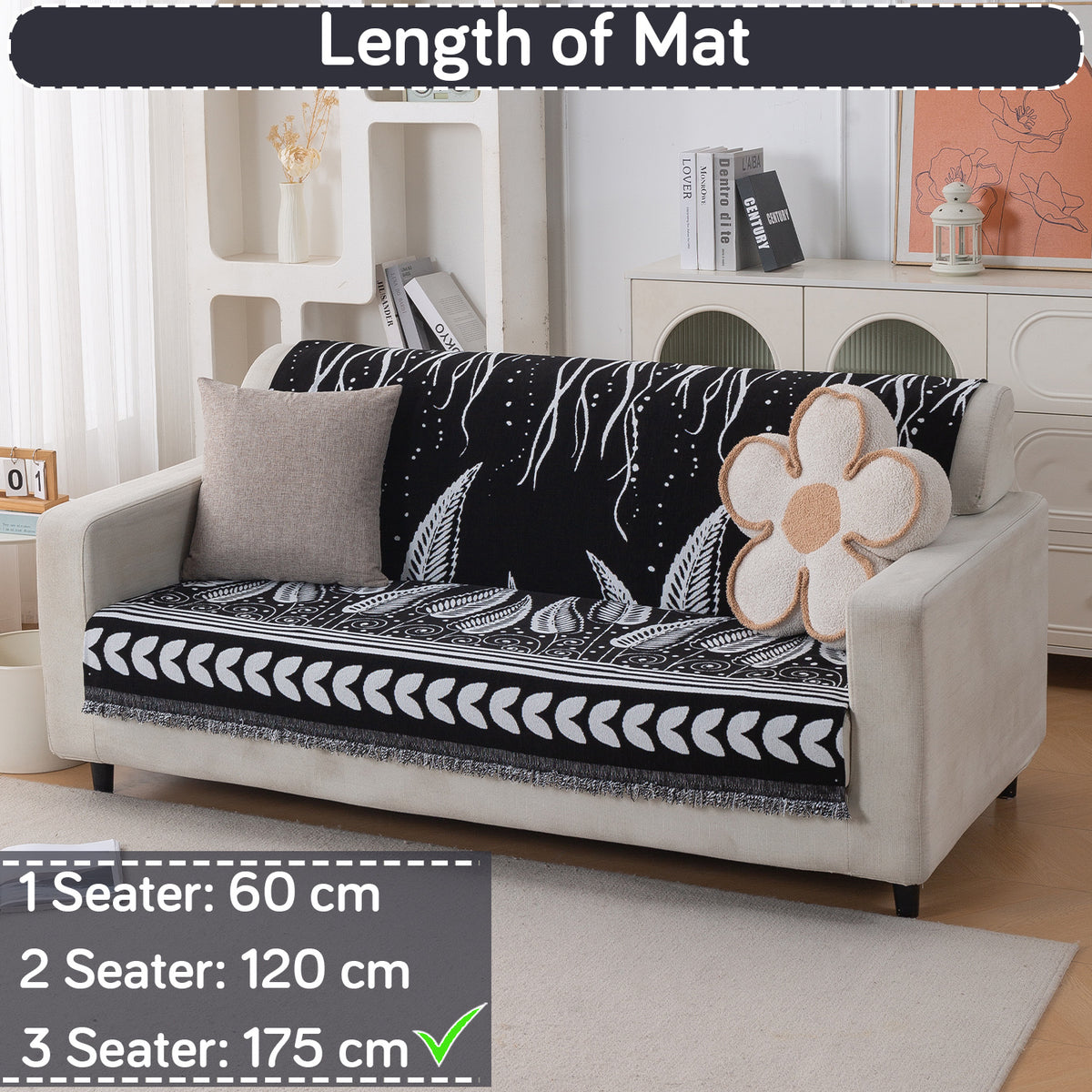 Premium 320 GSM Chenille Sofa Cover 'Serene Abode Series', Black Fern Tribal