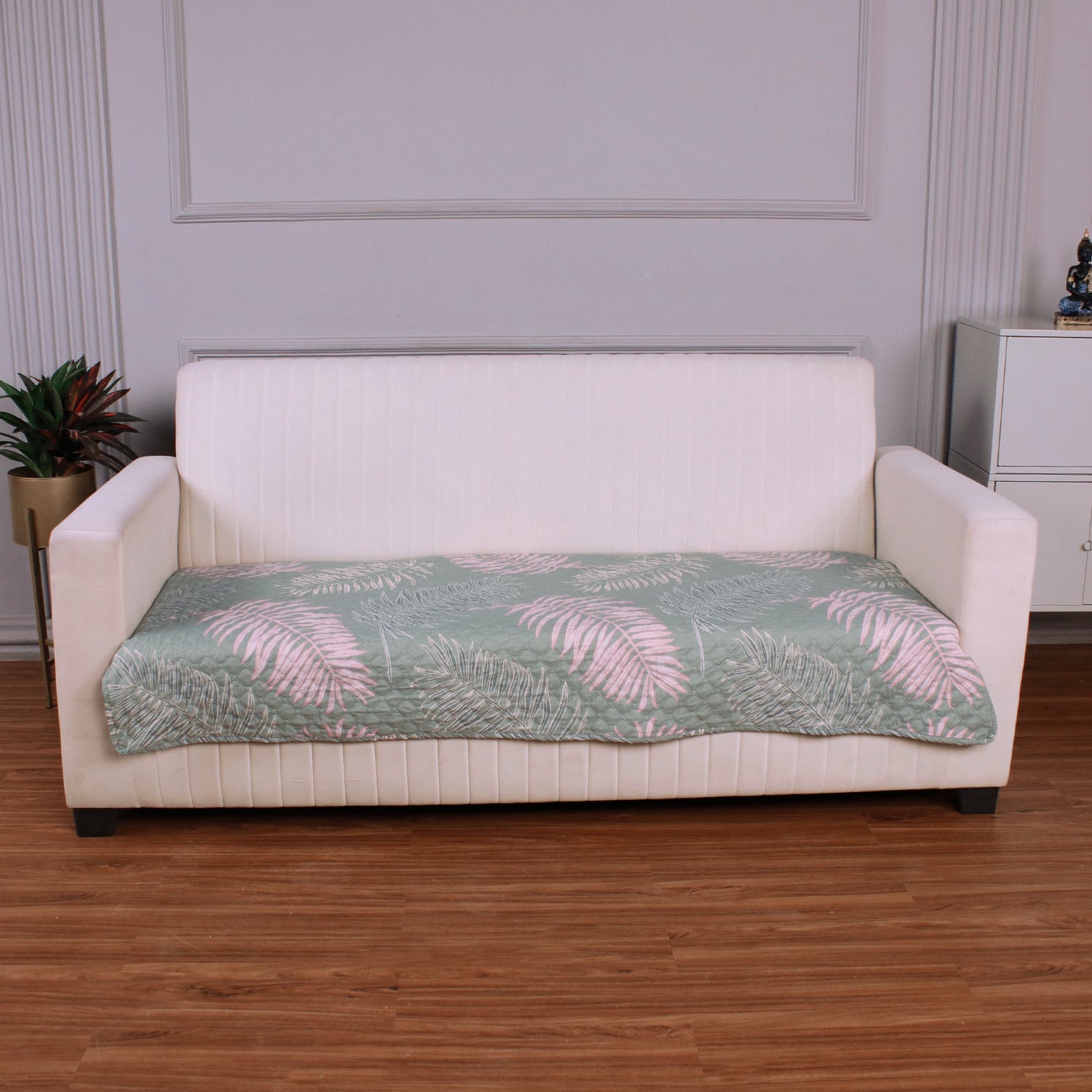 Quilted Sofa Seat Mat Covers for 1/2/3 Seater Sofa, Tropical Leaves Pastel Green