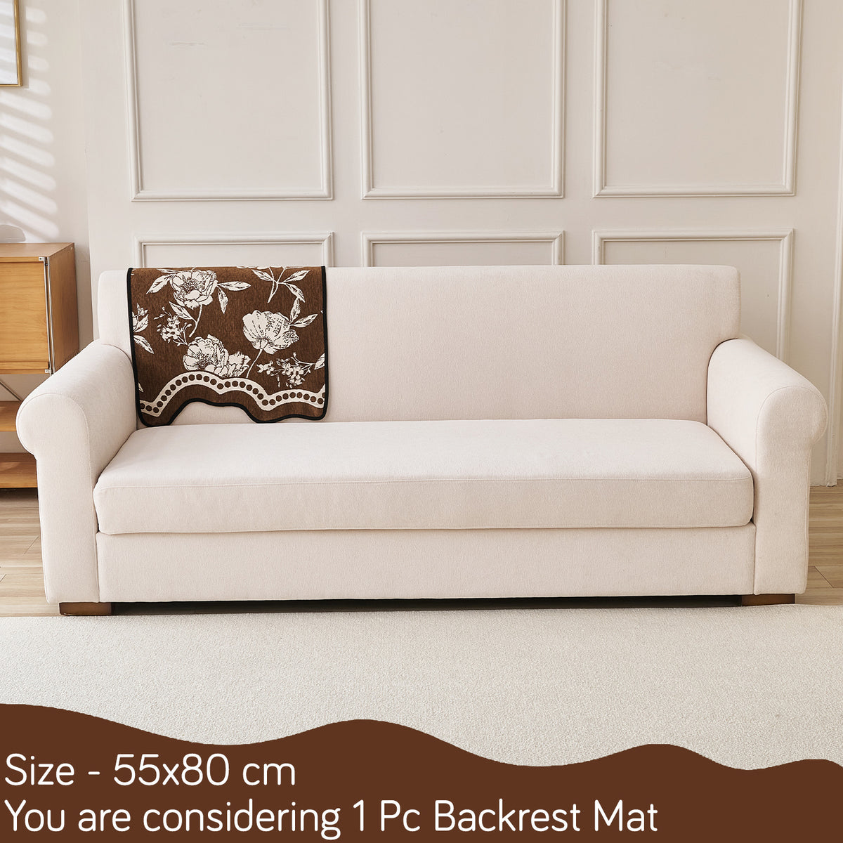 Chenille Sofa Cover Mat with Curvy Edges, 'Retro Curves Series' Sofa Mat, Walnut Brown