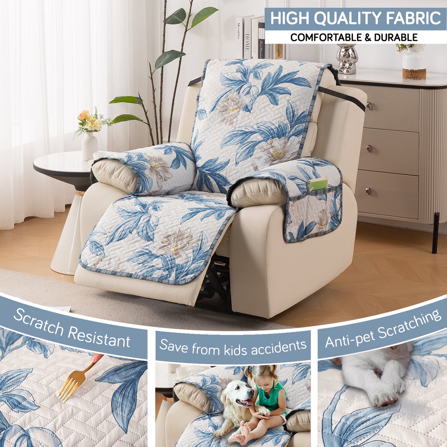 Quilted Cover for Recliner Sofa with SecureFit Belt & Side Pocket, Celadon Blue Camellia