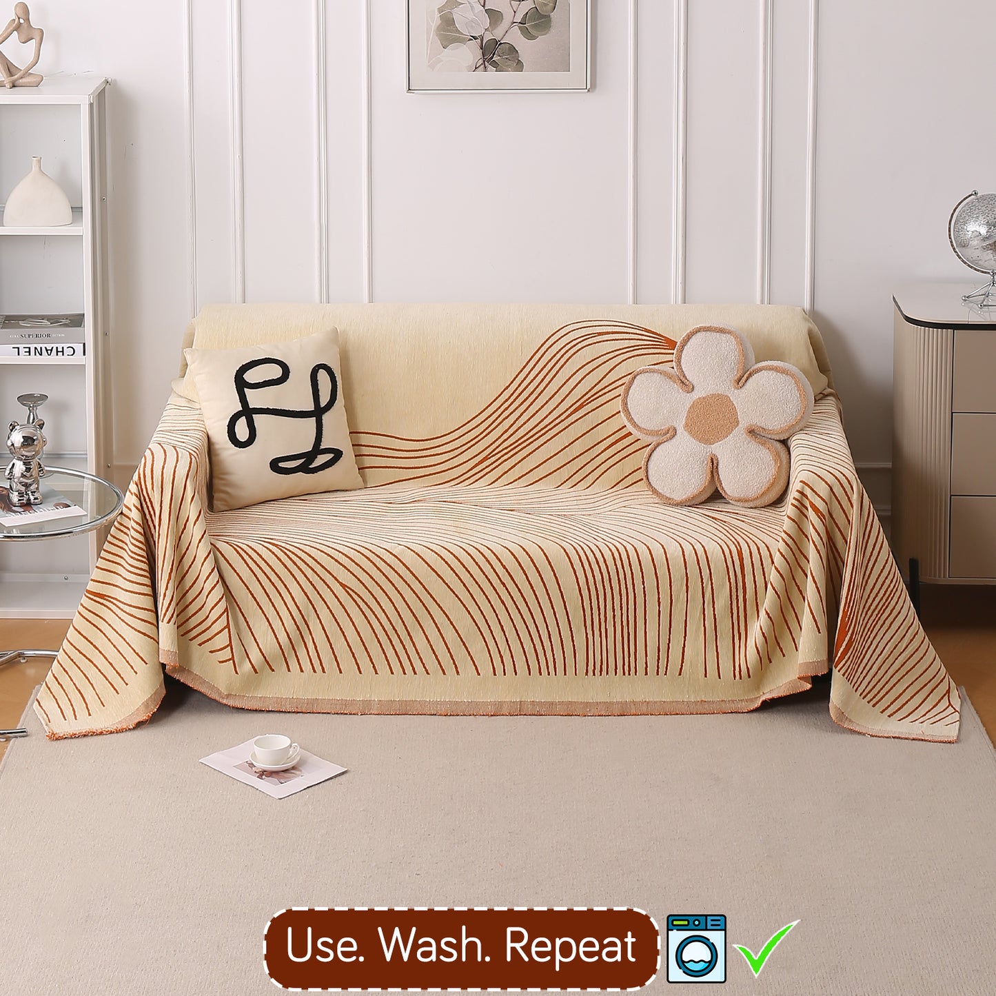 WaveLoom Collection Printed Chenille Sofa Cover Throw, Orange