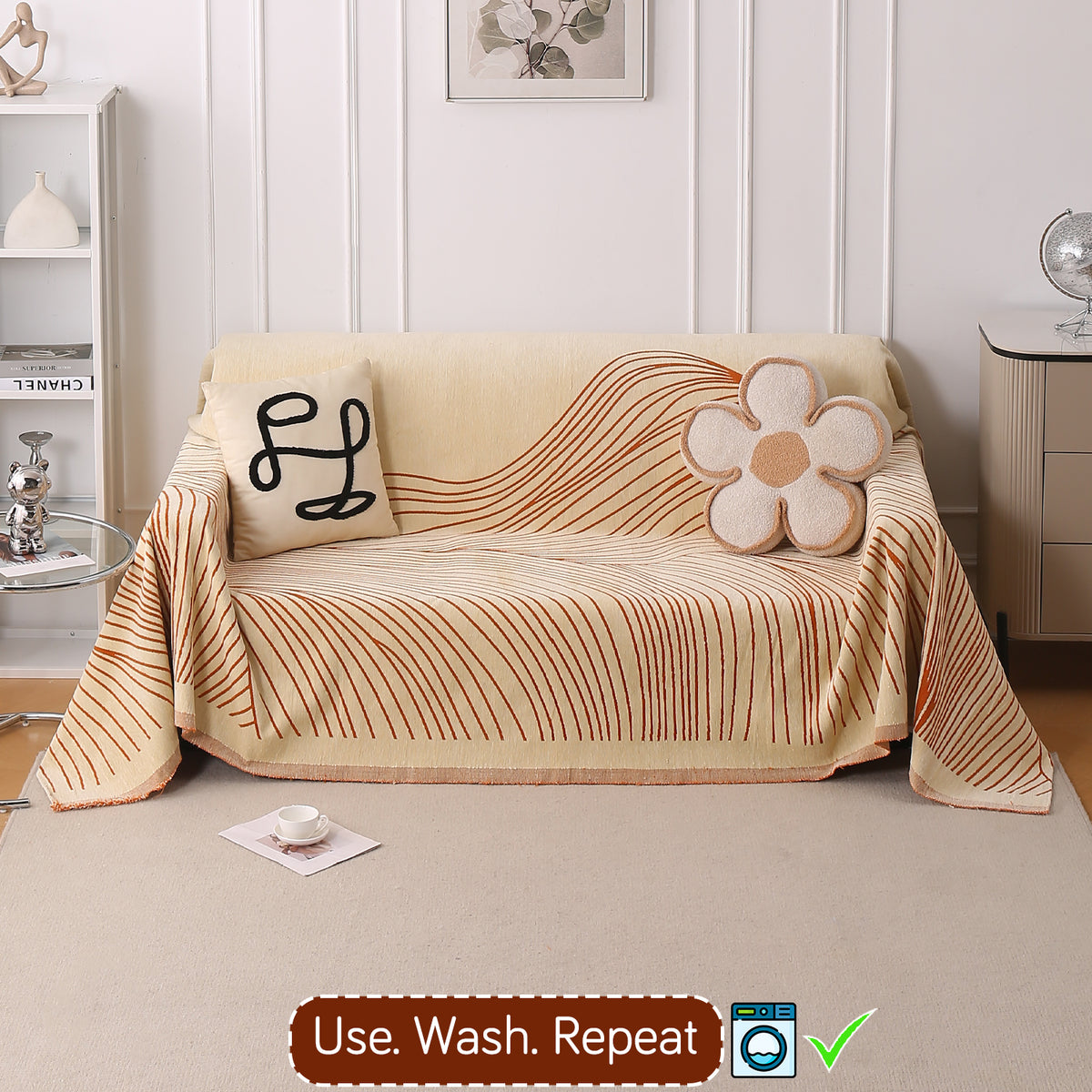 Buy Orange Colour WaveLoom Chenille 3 Seater Sofa Throw | HOKIPO