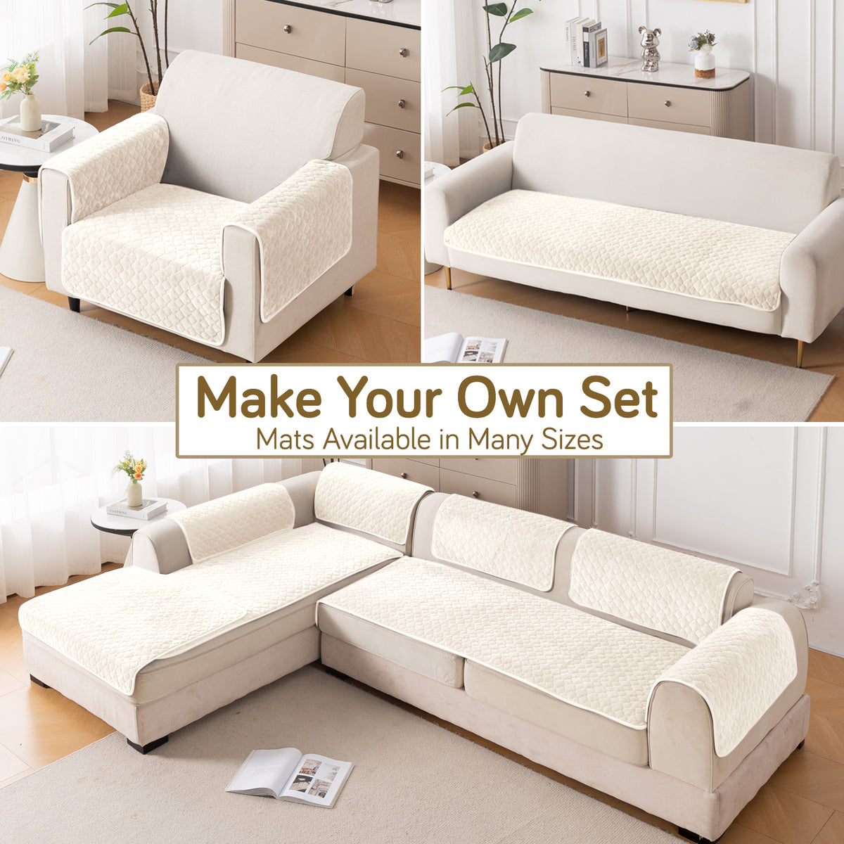 Diamond Plush Pebble Quilted Sofa Cover Mat, Cream