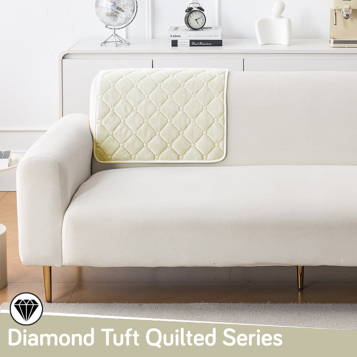 Diamond Tuft Plush Sofa Cover Mat, Ivory Cream