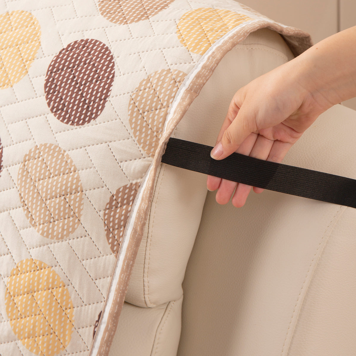 Quilted Cover for Recliner Sofa with SecureFit Belt & Side Pocket, Brown Polka Dot