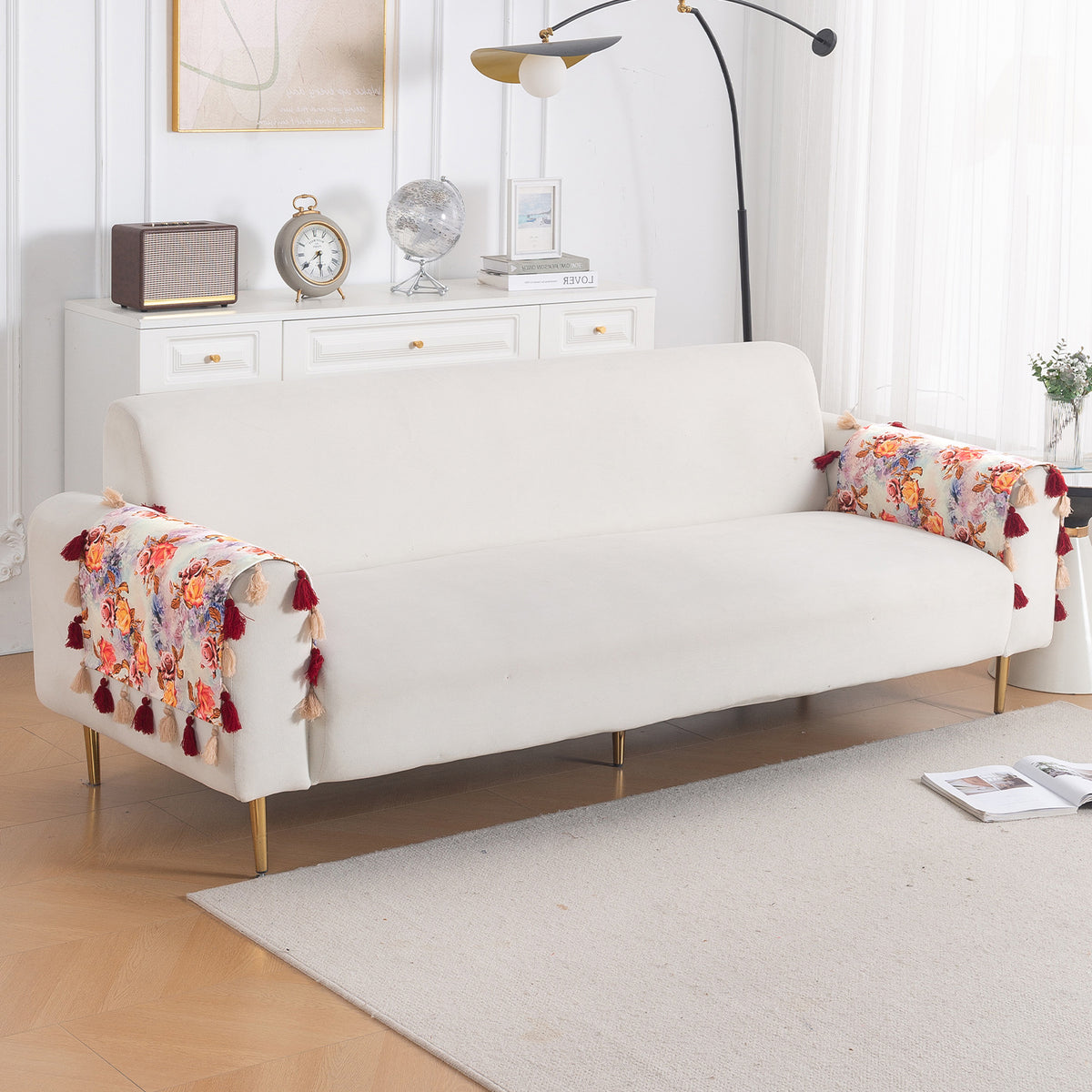 'Whispers of Nature' Series Holland Velvet Sofa Mat with Tassel, Vintage Rose Bloom